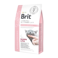BRIT GF Veterinary Diet Hypoallergenic, Somon cu Mazăre, dietă veterinară pisici, hrană uscată fără cereale, afecțiuni digestive și dermatologice, 2kg