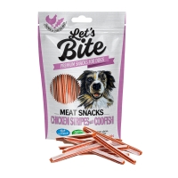 BRIT Let's Bite Meat Snacks Chicken Stripes with Codfish, Pui și Cod, recompense fără cereale câini, bucăți de carne, 80g