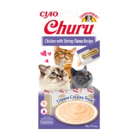 CIAO Churu Pure Pui si Creveti, Recompense lichide fara cereale Pisici, topping cremos, 14g x 4