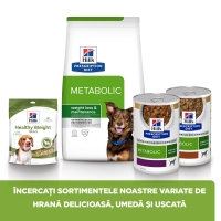 HILL'S Prescription Diet Metabolic, Pui, dietă veterinară câini, conservă hrană umedă, metabolism (obezitate si diabet), (în sos), 370g