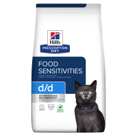 HILL'S Prescription Diet d/d, Rață cu Mazăre, dietă veterinară pisici, hrană uscată, afecțiuni dermatologice și sistem digestiv, 1.5kg