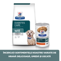 HILL'S Prescription Diet w/d Diabetes Care, Pui, dietă veterinară câini, conservă hrană umedă, metabolism (obezitate si diabet), 370g