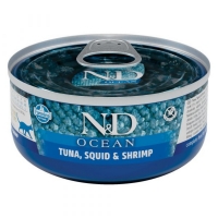 N&D Ocean, Ton și Calamar, conservă hrană umedă fără cereale pisici, (în sos), 70g