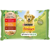 PURINA Friskies Adult, 3 arome (Vită cu Cartofi, Pui cu Morcov, Miel cu Morcov), pachet mixt, plic hrană umedă câini, (în sos), 100g x 4