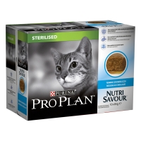 PURINA Pro Plan Nutrisavour Sterilised, Terină cu Cod, pachet economic plic hrană umedă pisici sterilizate, (în sos), 85g x 10