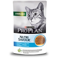 PURINA Pro Plan Nutrisavour Sterilised, Terină cu Cod, plic hrană umedă pisici sterilizate, (în sos), 85g