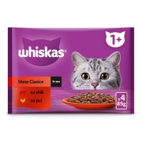 WHISKAS Selectii Clasice, Vită și Pui, plic hrană umedă pisici, (în aspic), multipack, 85g x 4