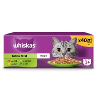 WHISKAS Selectii Mixte, Vită, Pui, Somon și Ton, plic hrană umedă pisici, (în aspic), multipack, 85g x 40
