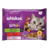WHISKAS Tasty Mix Chef's Choice, Somon, Vită și Pasăre, plic hrană umedă pisici, (în sos), multipack, 85g x 4
