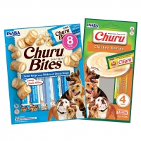 INABA Churu Dog, 2 arome (Pui și Brânză), pachet mixt recompense fără cereale câini, topping cremos și perunte umplute, 152g