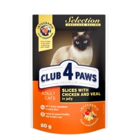 CLUB 4 PAWS Premium Selection, Pui și Vită, bax plic hrană umedă pisici, (în sos), 80g x 24