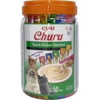 INABA CIAO Churu Piure, Ton și Pui, 5 arome, pachet mixt, recompense lichide fără cereale pisici, topping cremos, 14g x 50
