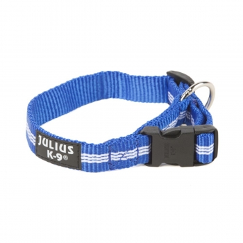 JULIUS-K9 IDC Tubular webbing, zgardă ajustabilă fosforescentă câini, nylon, 19mm x 27-42cm, albastru