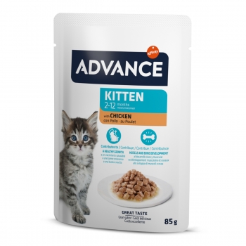 Advance kitten, pui, plic hrană umedă pisici junior, (în sos), 85g
