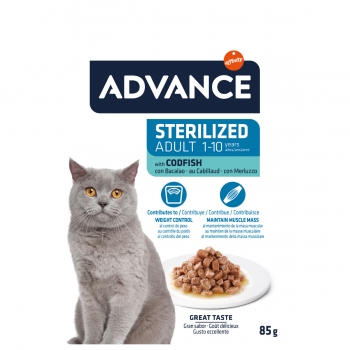Advance sterilised, cod, plic hrană umedă pisici sterilizate, (în sos), 85g