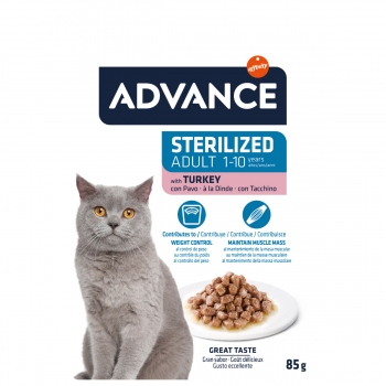 Advance sterilised, curcan, plic hrană umedă pisici sterilizate, (în sos), 85g