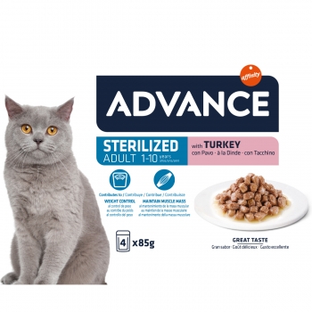Advance sterilised, curcan, plic hrană umedă pisici sterilizate, (în sos), multipack, 85g x 4buc