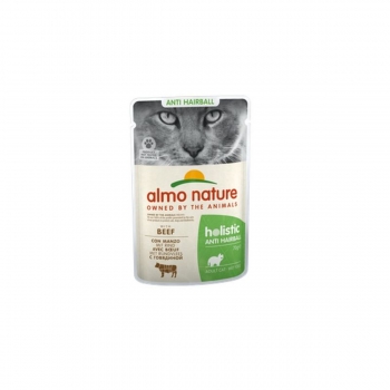 Almo nature holistic anti hairball, vită, plic hrană umedă fără cereale pisici, limitarea ghemurilor de blană, (în supă), 70g