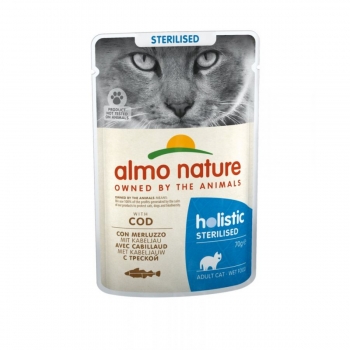 ALMO NATURE Holistic Sterilised, Cod, plic hrană umedă fără cereale pisici sterilizate, (în supă), 70g
