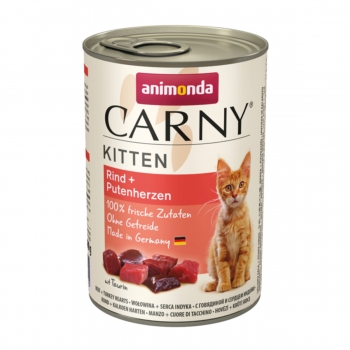 CARNY, Junior, Vită și Inimă Curcan, conservă hrană umedă pentru pisici, (In aspic), 400g