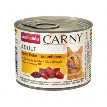 CARNY, Vită, Pui și Inimă de Rață, conservă hrană umedă pentru pisici, (In aspic), 200g (în