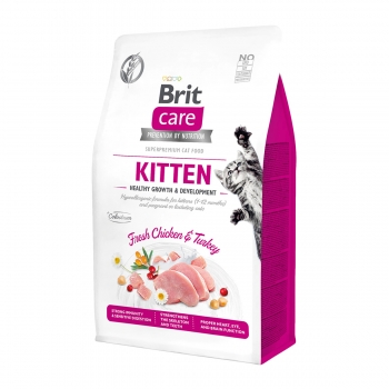 BRIT Care Kitten Healthy Growth & Development, Pui și Curcan, hrană uscată fără cereale pisici junior, 2kg