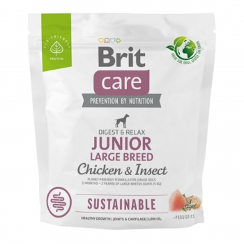 BRIT Care Sustainable Junior Large Breed, L-XL, Pui și Insecte, hrană uscată câini junior, sistem digestiv, 1kg