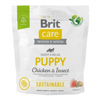BRIT Care Sustainable Puppy, XS-XL, Pui și Insecte, hrană uscată câini junior, sistem digestiv, 1kg