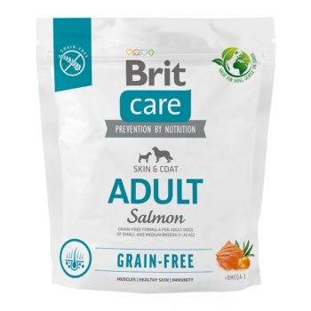 Brit care grain-free adult, xs-m, somon, hrană uscată fără cereale câini, piele & blană, 1kg