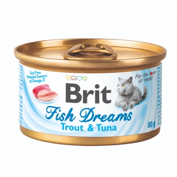 BRIT Fish Dreams, Păstrăv și Ton, conservă hrană umedă pisici, (în suc propriu), 80g (în imagine 2022