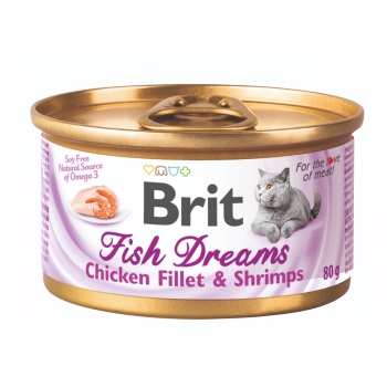 BRIT Fish Dreams, Pui și Creveți, conservă hrană umedă pisici, (în suc propriu), 80g