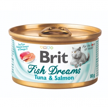 BRIT Fish Dreams, Ton și Somon, conservă hrană umedă pisici, (în suc propriu), 80g (în imagine 2022