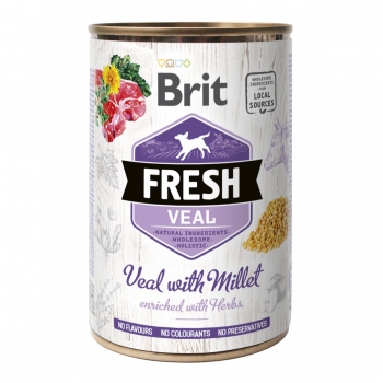 BRIT Fresh, Vițel cu Mei, conservă hrană umedă fără cereale câini, (în aspic), 400g (în