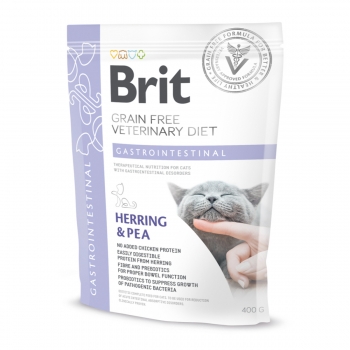 BRIT GF Veterinary Diet Gastrointestinal, Hering cu Mazăre, dietă veterinară pisici, hrană uscată fără cereale, afecțiuni digestive, 400g