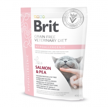BRIT GF Veterinary Diet Hypoallergenic, Somon cu Mazăre, dietă veterinară pisici, hrană uscată fără cereale, sistem digestiv, piele & blană, 400g 400g imagine 2022