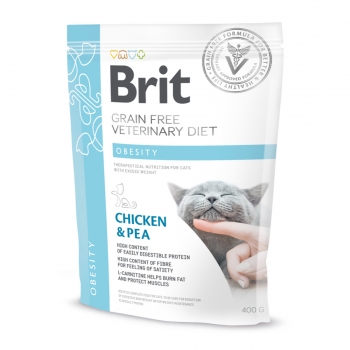 BRIT GF Veterinary Diet Obesity, Pui cu Mazăre, dietă veterinară pisici, hrană uscată fără cereale, afecțiuni metabolice (obezitate), 400g (obezitate