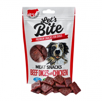 BRIT Let’s Bite Meat Snacks Beef Dices with Chicken, Vită și Pui, recompense fără cereale câini, cuburi de carne, 80g