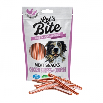 BRIT Let’s Bite Meat Snacks Chicken Stripes with Codfish, Pui și Cod, recompense fără cereale câini, bucăți de carne, 80g