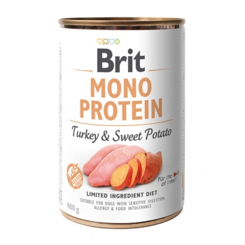 BRIT Mono Protein, Curcan cu Cartof dulce, conservă hrană umedă monoproteică fără cereale câini, (pate), 400g