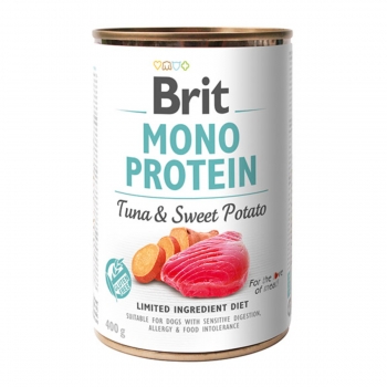 BRIT Mono Protein, Ton cu Cartof dulce, conservă hrană umedă monoproteică fără cereale câini, (pate), 400g
