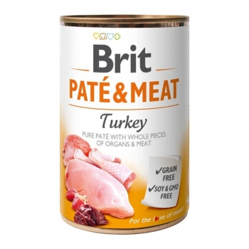 BRIT Pate & Meat, Curcan, conservă hrană umedă fără cereale câini, (pate cu bucăți de carne), 400g