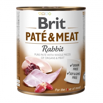 BRIT Pate & Meat, Iepure, conservă hrană umedă fără cereale câini, (pate cu bucăți de carne), 800g