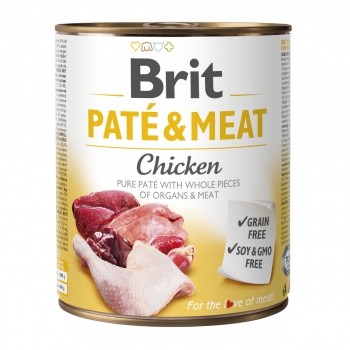 BRIT Pate & Meat, Pui, conservă hrană umedă fără cereale câini, (pate cu bucăți de carne), 800g (bucăti