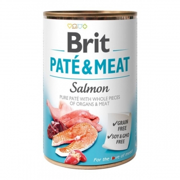 BRIT Pate & Meat, Somon, conservă hrană umedă fără cereale câini, (pate cu bucăți de carne), 400g