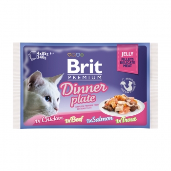 BRIT Premium Multipack Dinner Plate, 4 arome, pachet mixt, plic hrană umedă pisici, (în aspic), 85g x 4 (în