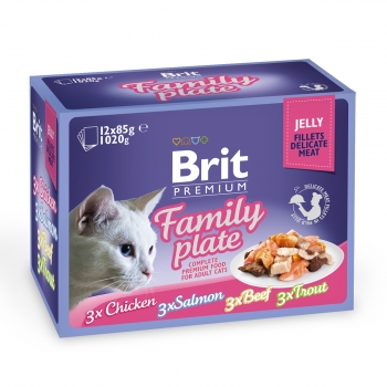 BRIT Premium Multipack Family Plate, 4 arome, pachet mixt, plic hrană umedă pisici, (în aspic), 85g x 12 (în