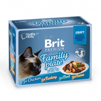 BRIT Premium Multipack Family Plate, 4 Arome, Pachet Mixt, Plic Hrană Umedă Pisici, (în Sos), 85g X 12