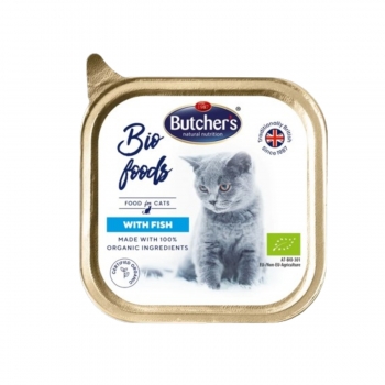 BUTCHER’S Bio Foods, Pește, tăviță hrană umedă bio pisici, (pate), 85g (pate) imagine 2022