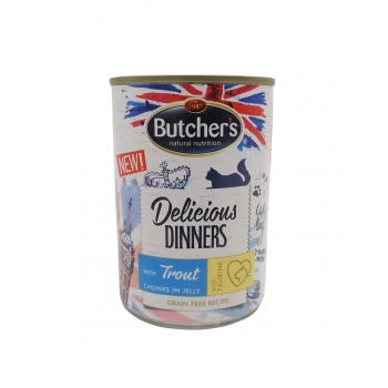 BUTCHER’S Delicious Dinners, Păstrăv, conservă hrană umedă fără cereale pisici, (în aspic), 400g (în imagine 2022