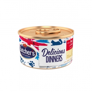 BUTCHER’S Delicious Dinners, Vită și Ficat, conservă hrană umedă fără cereale pisici, apetit capricios, (pate), 85g (pate) imagine 2022